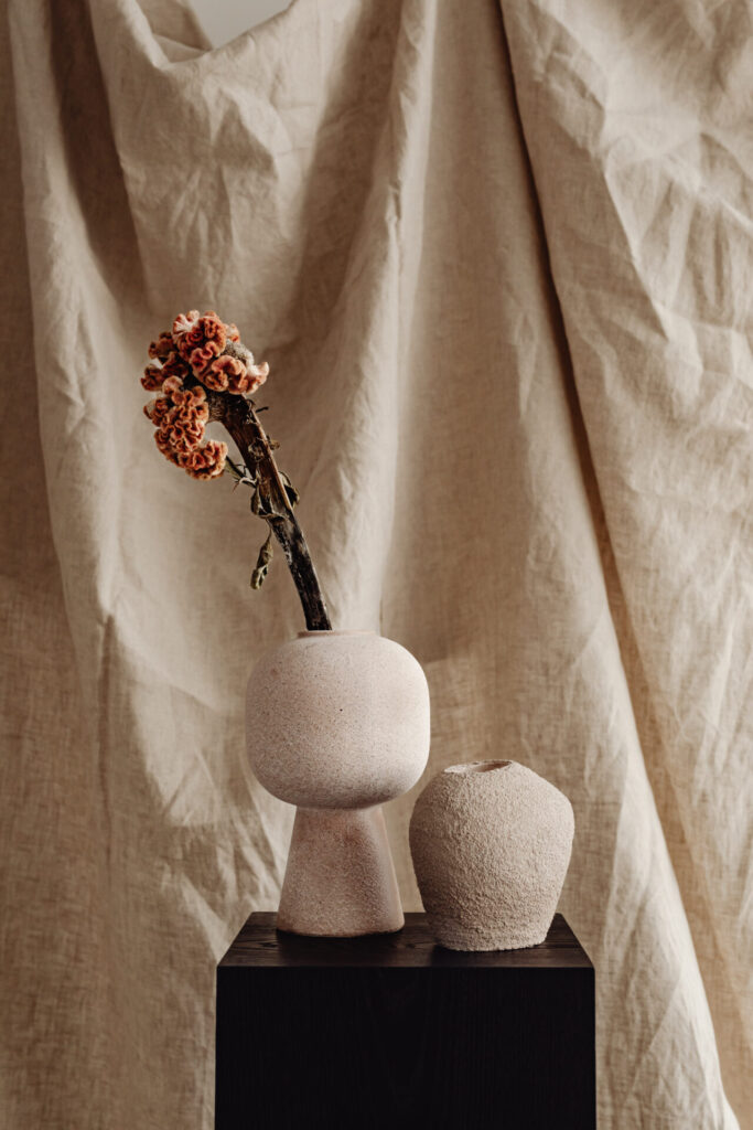 kaboompics earthenware vases with dried flowers on linen background 29927